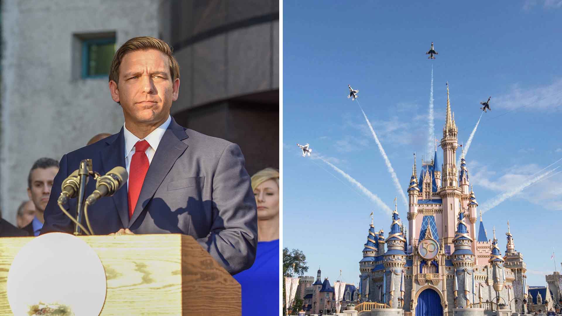 Image composite: State of Florida, Ron DeSantis/The U.S. Air Force Air Demonstration Squadron, the Thunderbirds, fly over Cinderella’s Castle in the Magic Kingdom Park, Walt Disney World Resort, in Orlando, Fla., Oct. 27, 2022.