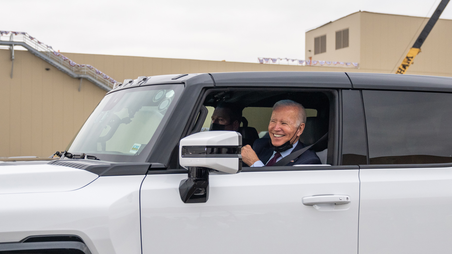 Joe Biden test drives the Hummer EV during a tour of the General Motors Factory ZERO electric vehicle assembly plant, Wednesday, November 17, 2021, in Detroit. (Official White House Photo by Adam Schultz)